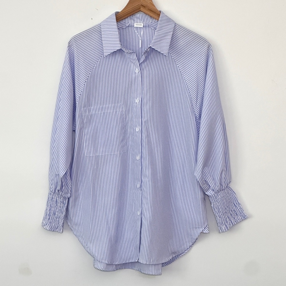 Classic Preppy Academia Women Top S White Blue Stripe Smocked Tunic Coastal Chic